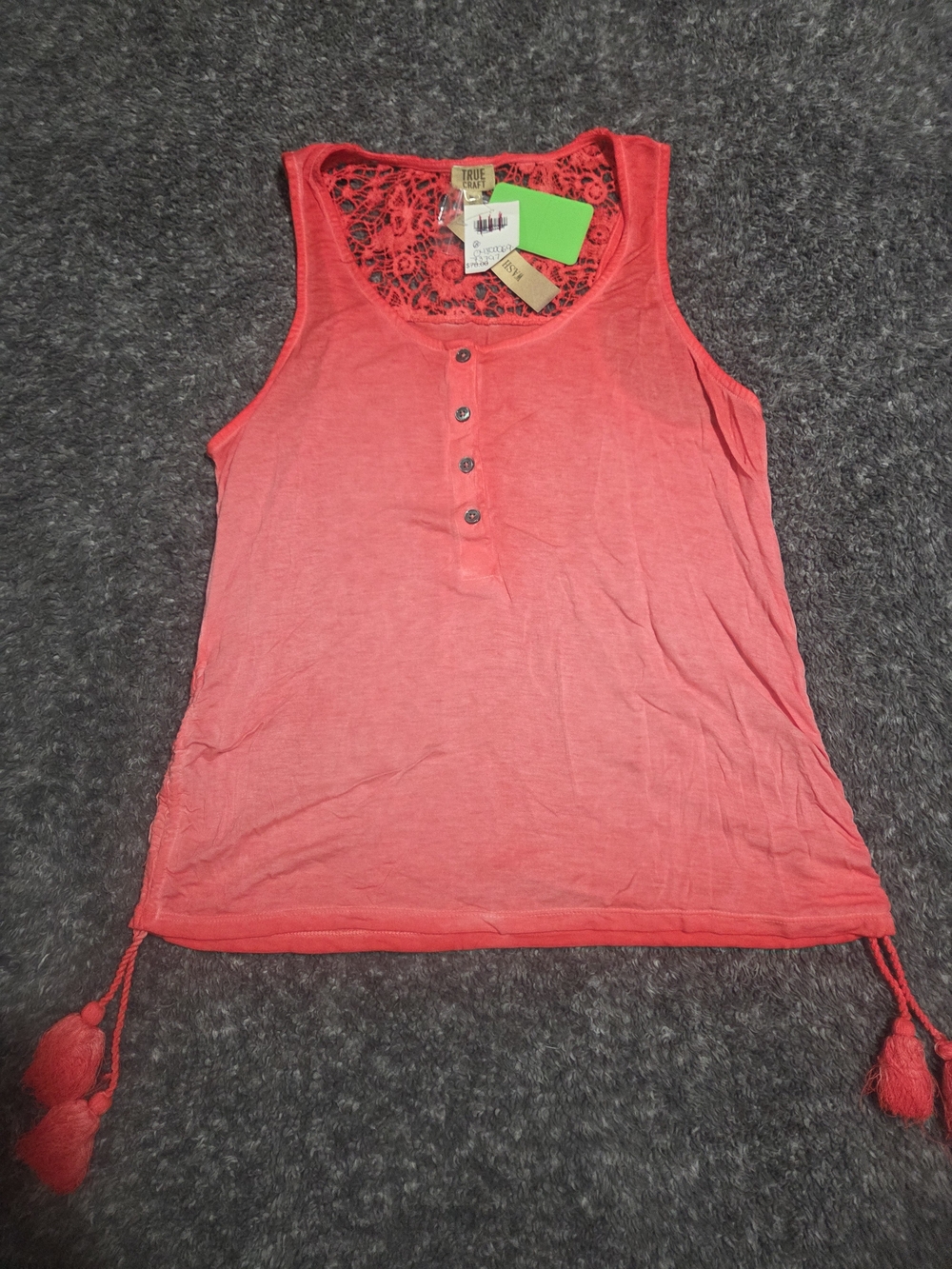 True Craft Coral Lace-Back Tank with Button Placket